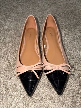 ALDO Women's Beige and Black Pointed Toe Flats with Bow